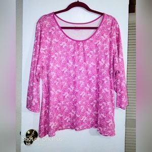 L.L.Bean Pink Paisley Print Scoop Neck 3/4 Sleeve Blouse size2X Trimmed Collar